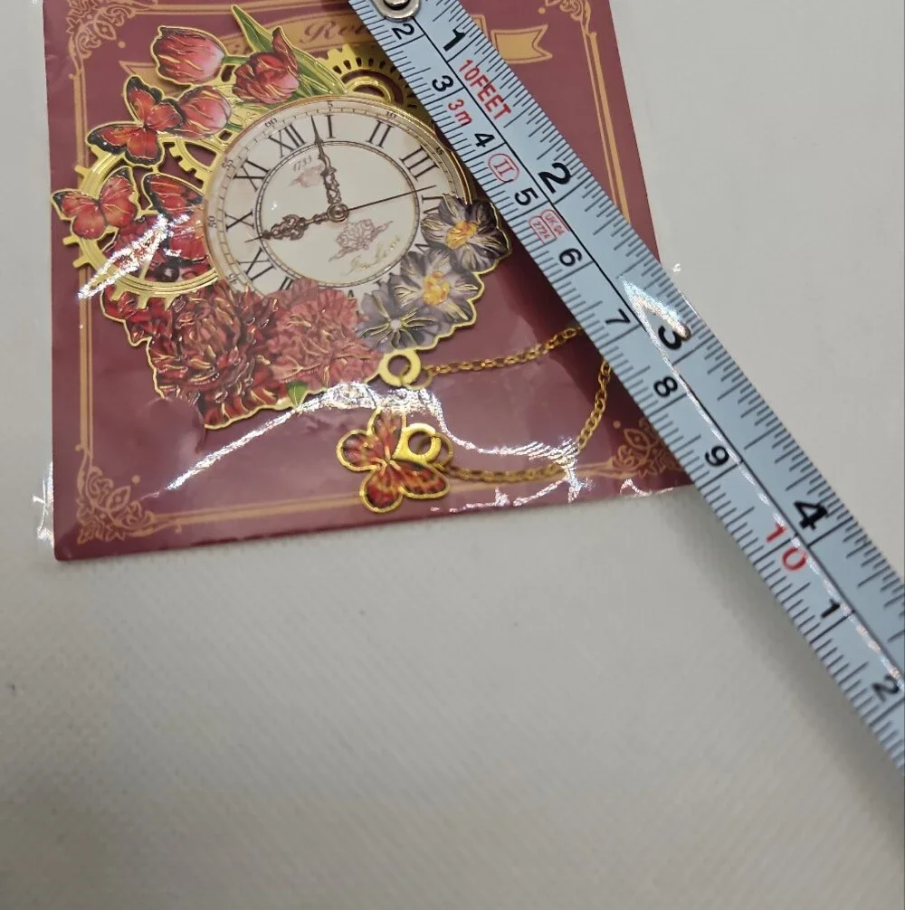 Vintage Floral Clock Enamel Bookmark with Gold Chain and Red Butterfly